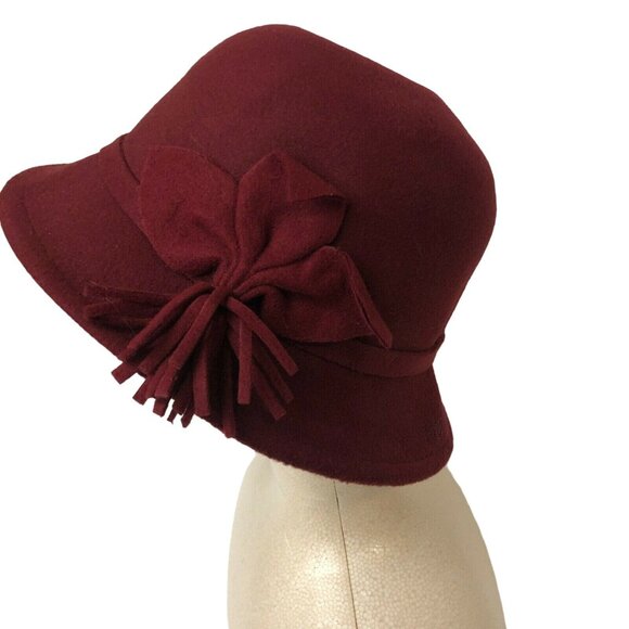 Women Lady Fedroas Hat Burgundy Fashion Dome Cap Flower 100 % Polyester 57CM - Picture 2 of 6